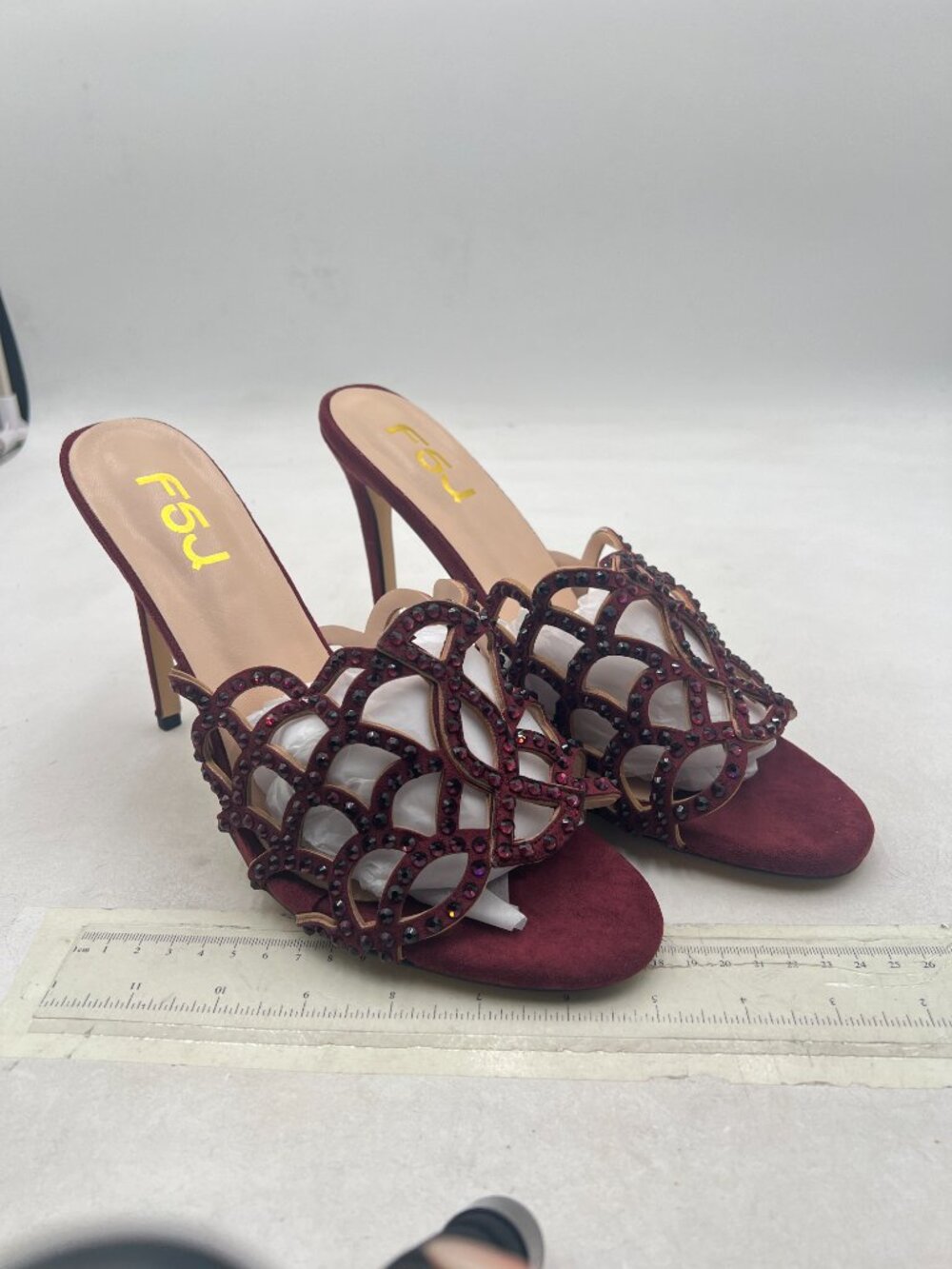 FSJ Burgundy Vegan Suede Rhinestone Open Toe Cutout High Heel Mules - Picture 4 of 8